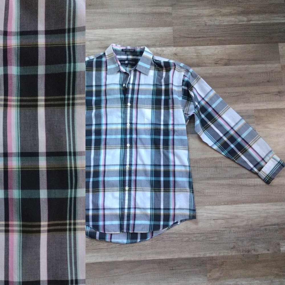 VINTAGE Plaid Poplin Button Up Shirt Large 80s 90s Pastel Black White Aqua